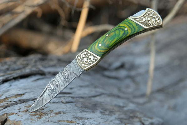 Damascus Steel Folding Pocket Knife – Green Handle For the Outdoorsman Orklo Knives