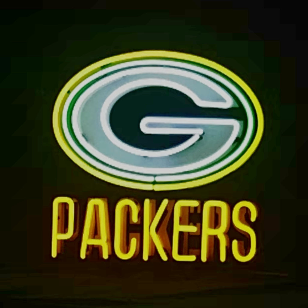 Green Bay Packers neon sign with oval G logo and PACKERS text