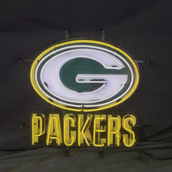 Green Bay Packers neon sign with large oval G and PACKERS wordmark