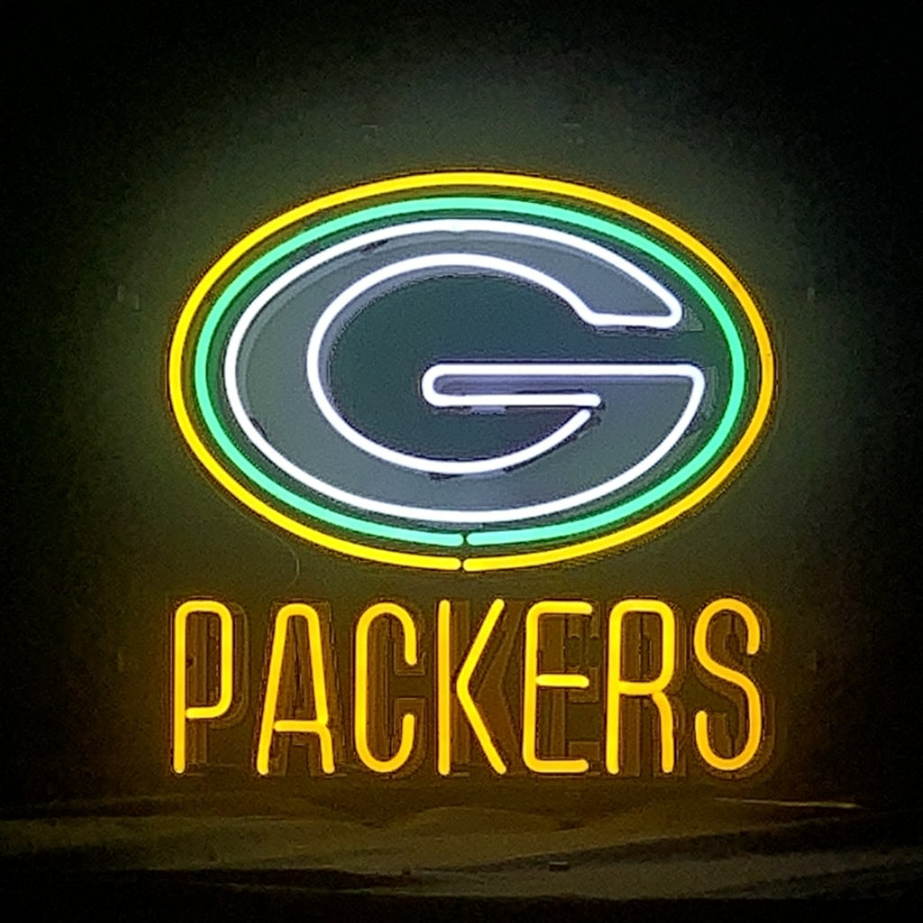 Green Bay Packers neon sign showing oval G logo and PACKERS lettering