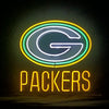 Green Bay Packers neon sign showing oval G logo and PACKERS lettering