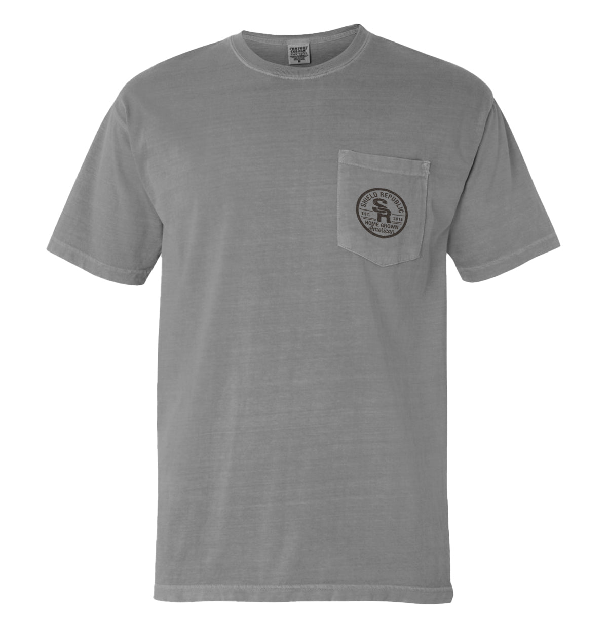 Grey T-shirt with front pocket and small chest logo