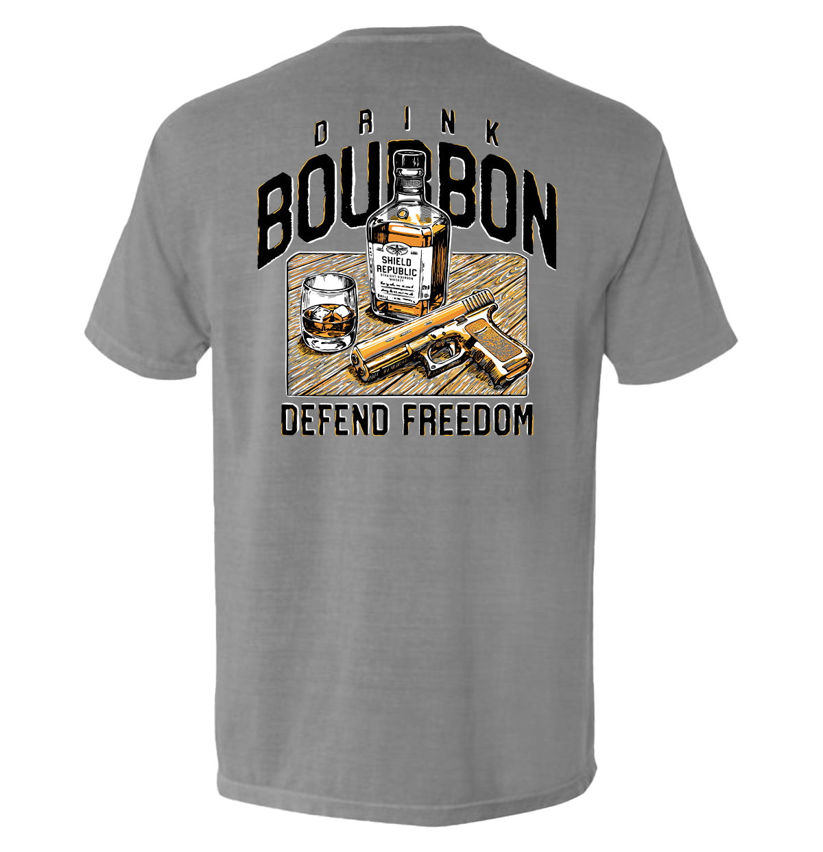 Sport gray T-shirt with back graphic: bourbon bottle, DRINK/BOURBON text, DEFEND FREEDOM