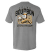 Sport gray T-shirt with back graphic: bourbon bottle, DRINK/BOURBON text, DEFEND FREEDOM
