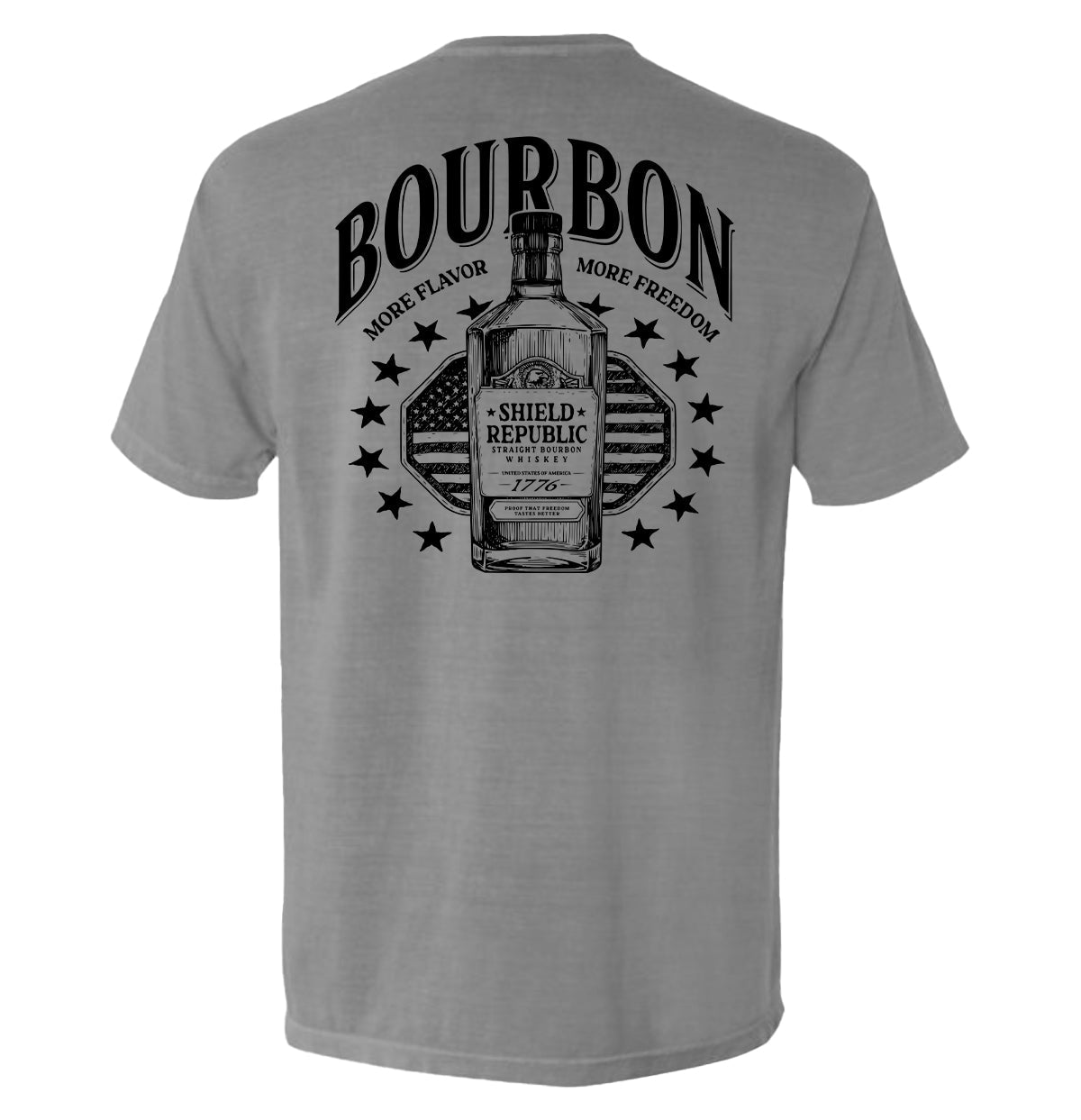 Grey back graphic T-shirt with bottle and stars emblem, short sleeves