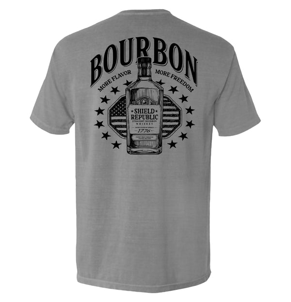 Grey back graphic T-shirt with bottle and stars emblem, short sleeves