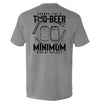 Grey graphic T-shirt, back print of two beer cans with "MINIMUM" text in bold lettering
