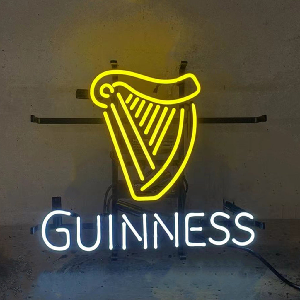 Neon sign light with yellow harp icon and blue 