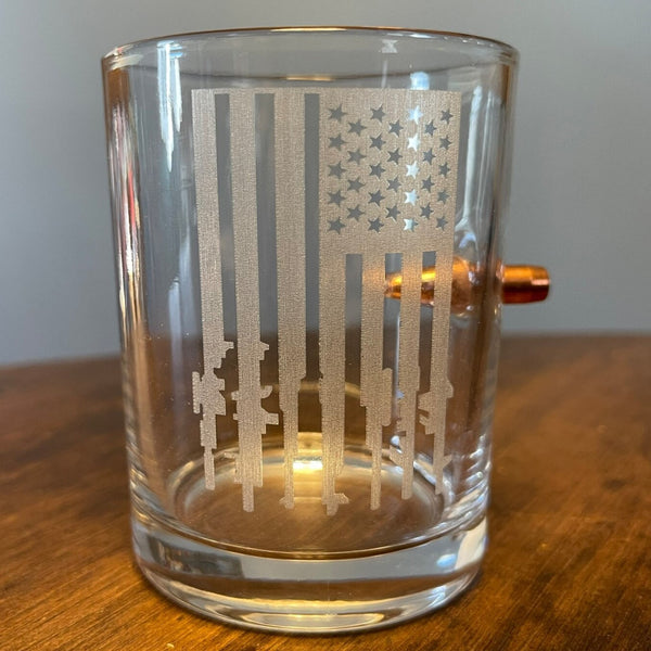 Gun American Flag with .308 Bullet - Laser Etched Whiskey Glass For the Bar Bald Eagle Products