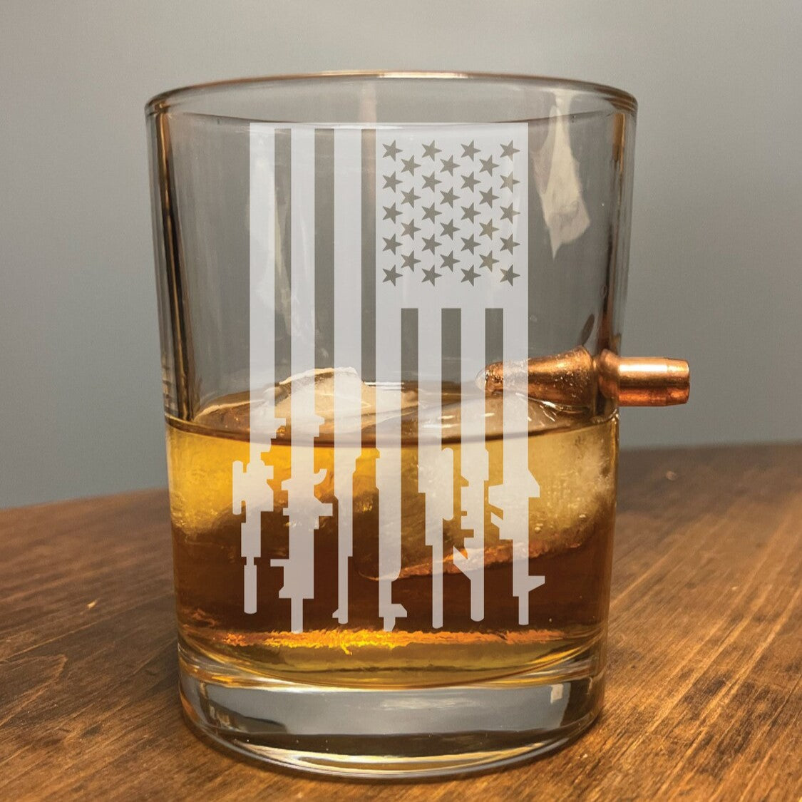 Gun American Flag with .308 Bullet - Laser Etched Whiskey Glass