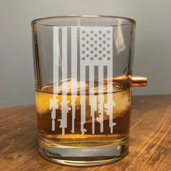 Gun American Flag with .308 Bullet - Laser Etched Whiskey Glass For the Bar Bald Eagle Products