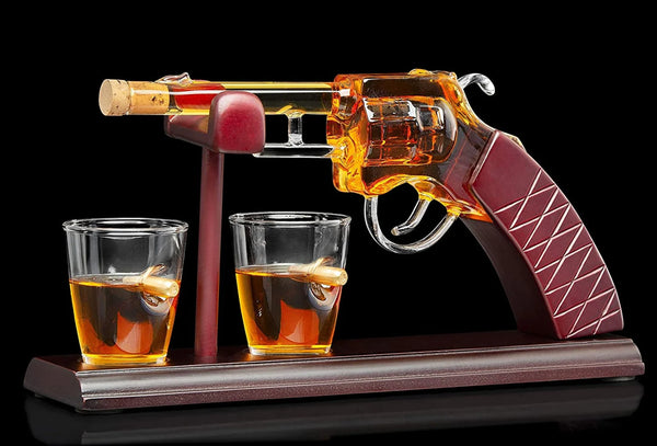 Revolver Gun Whiskey Decanter - with 2 Bullet Shot Glasses