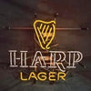 Harp Lager beer neon sign with yellow harp icon and 'HARP'/'LAGER' lettering