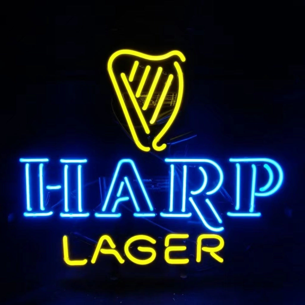 Beer neon sign with yellow harp outline, blue 'HARP', and yellow 'LAGER'