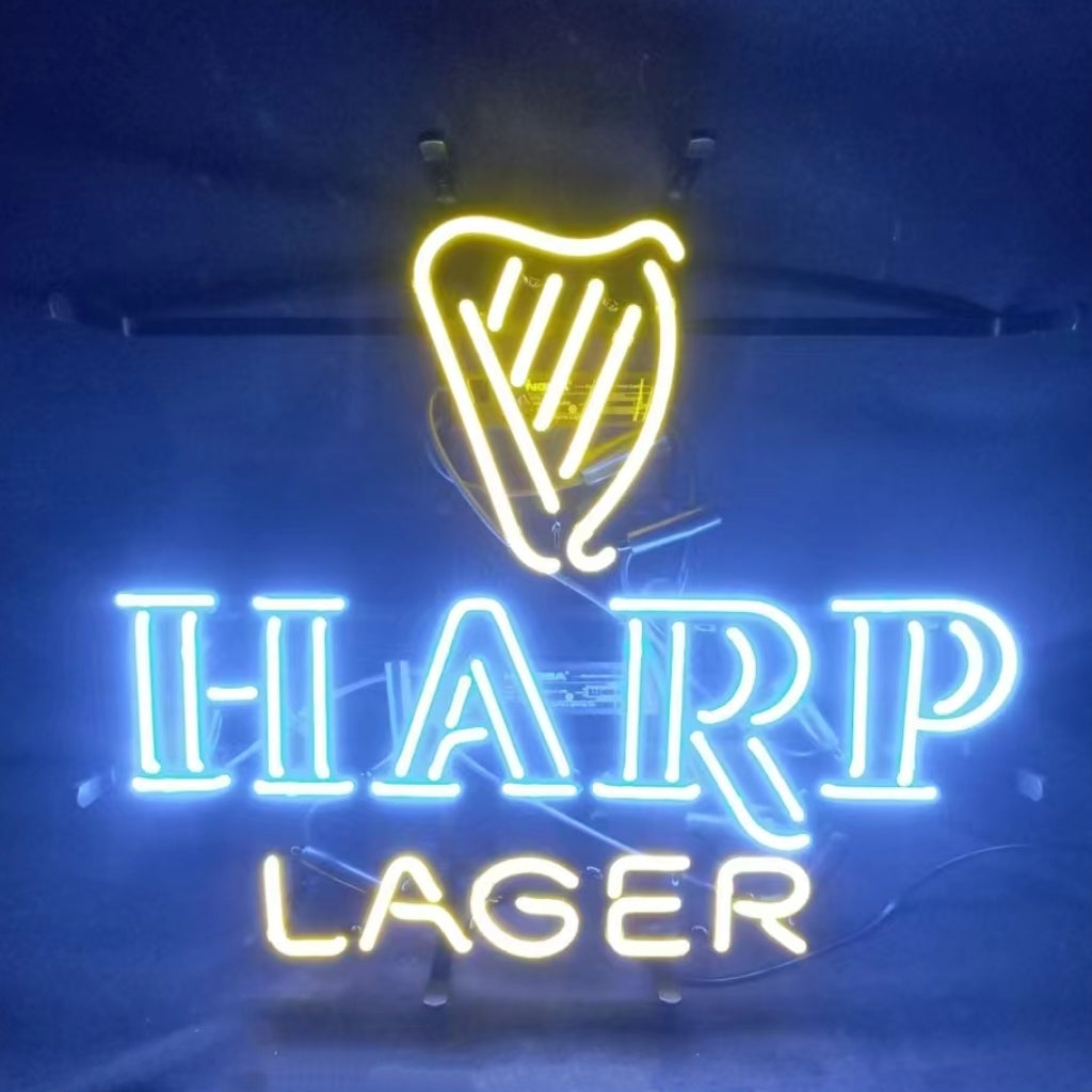 Beer neon sign with yellow harp icon and blue 'HARP' plus yellow 'LAGER'