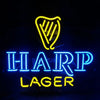 Beer neon sign with yellow harp outline, blue 'HARP', and yellow 'LAGER'