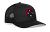 Black trucker hat with mesh side panels, curved brim, snapback strap, round HOUX logo