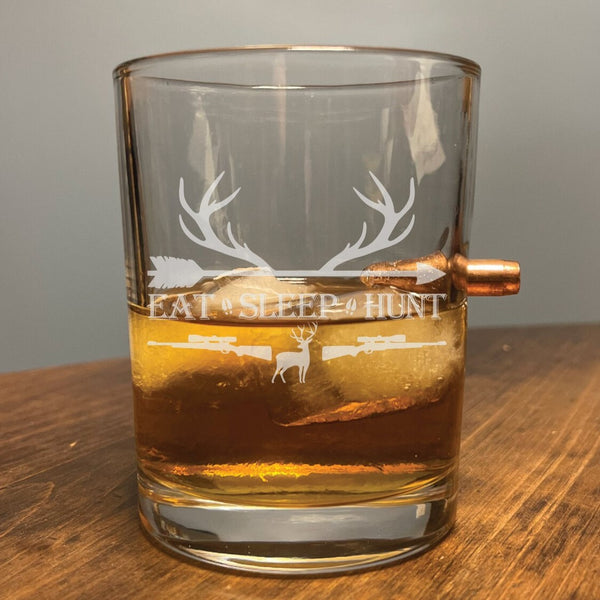 Eat Sleep Hunt with .308 Bullet - Laser Etched Whiskey Glass For the Bar Bald Eagle Products