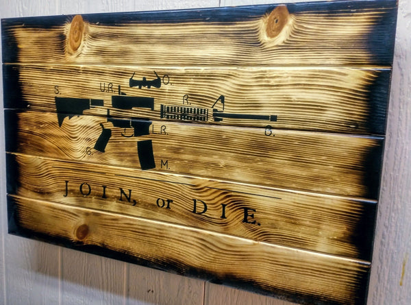 Charred AR-15 "Join or Die" Hidden Gun Storage Sign