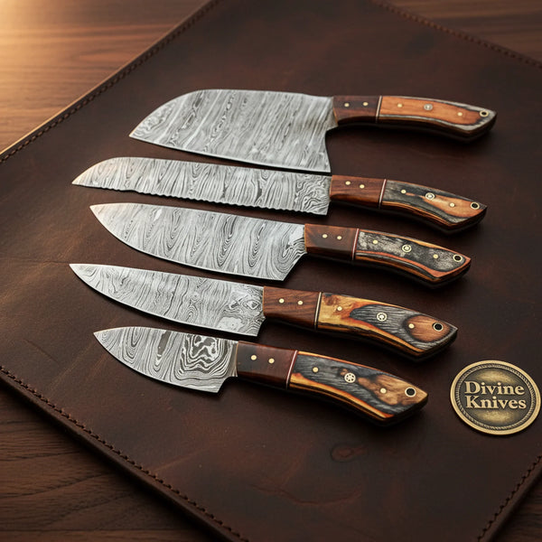 Set of 5 forged chef knives with damascus blades, two-tone wood handles, copper pins