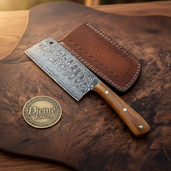 Walnut Handle Meat Cleaver with Leather Sheath
