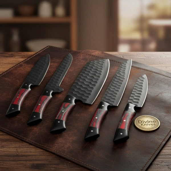 5-Piece Hammered Black Chef Knife Set with Pakka Wood Handles