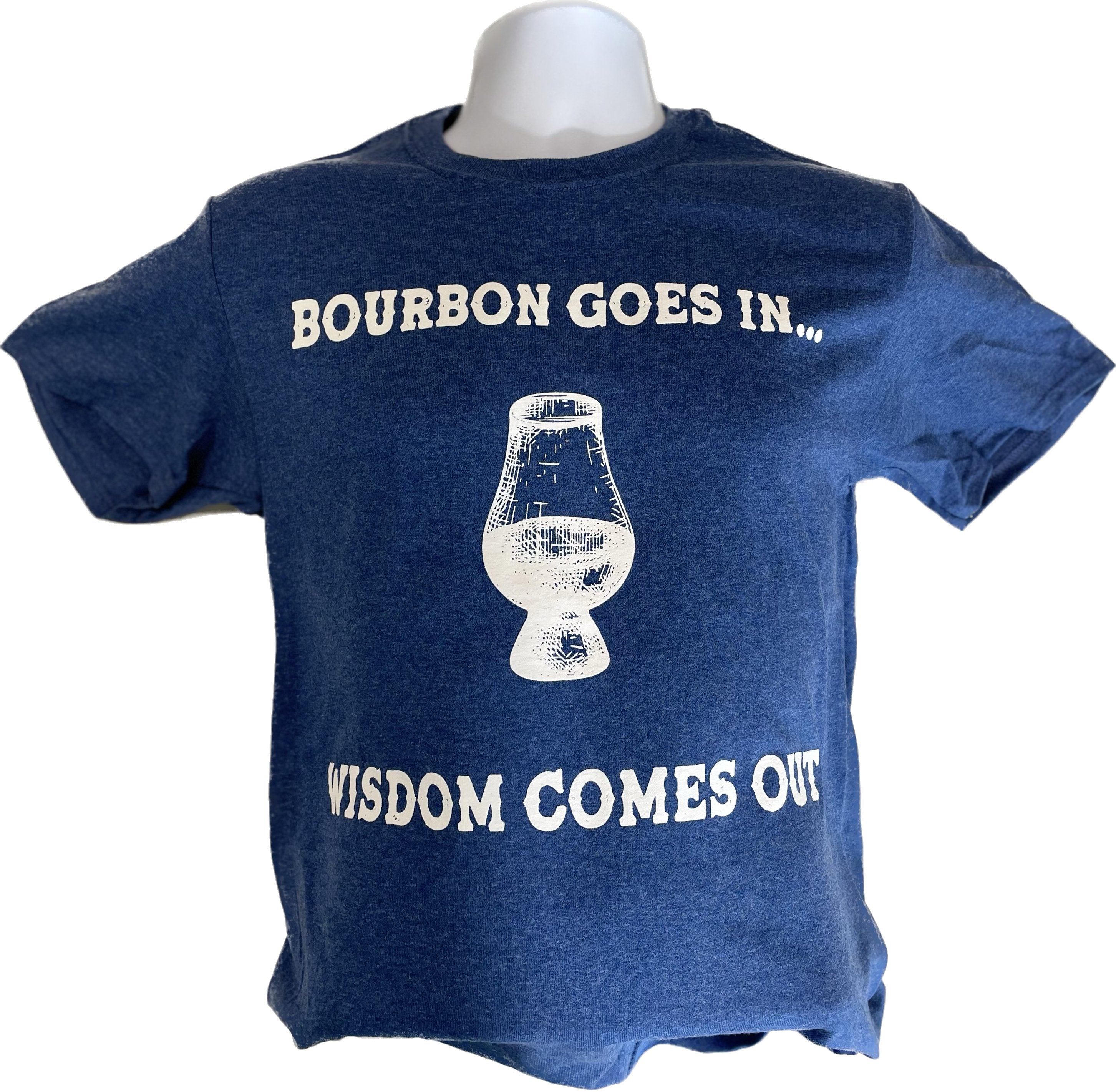Unisex heather blue T-shirt with bourbon and wisdom text and whiskey glass graphic