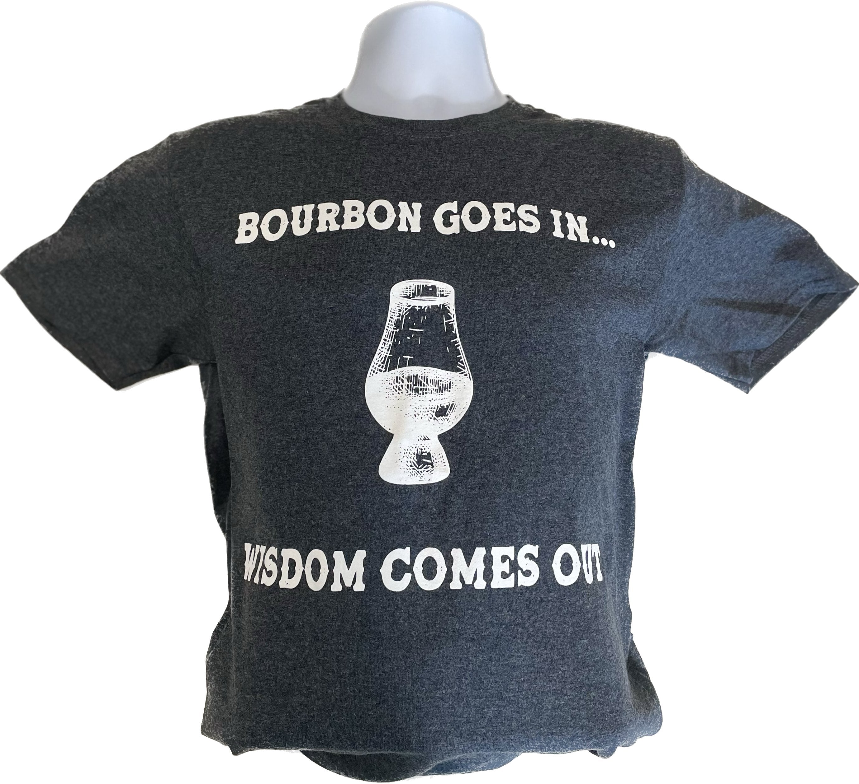 Unisex dark heather T-shirt with bourbon and wisdom quote graphic and bottle illustration