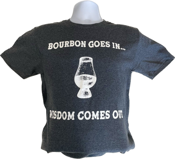 Unisex dark heather T-shirt with bourbon and wisdom quote graphic and bottle illustration