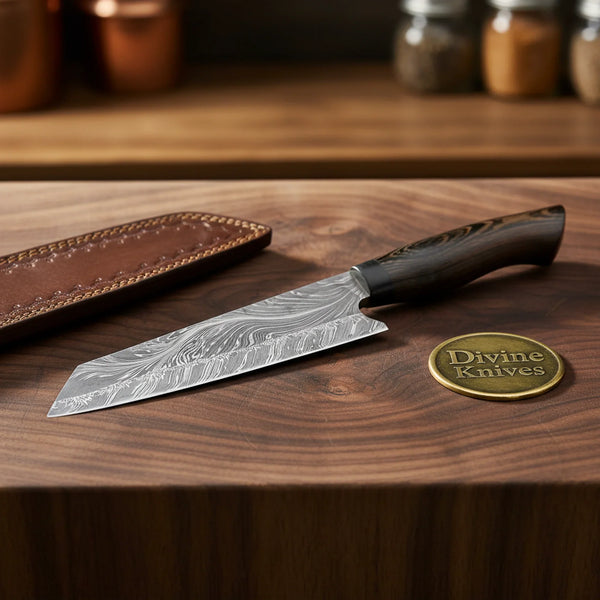 Dark Horn Handle Chef Knife with Wide Cutting Blade and Leather Sheath