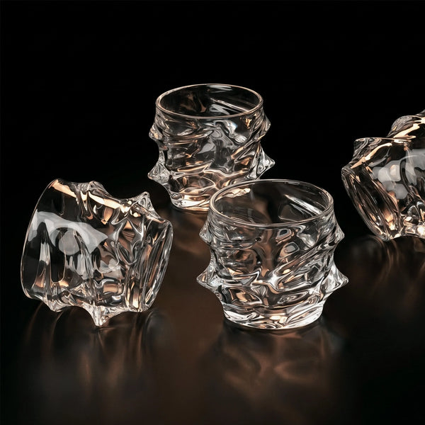 Japanese crystal whisky glass with faceted swirl texture, clear glass tumbler shape