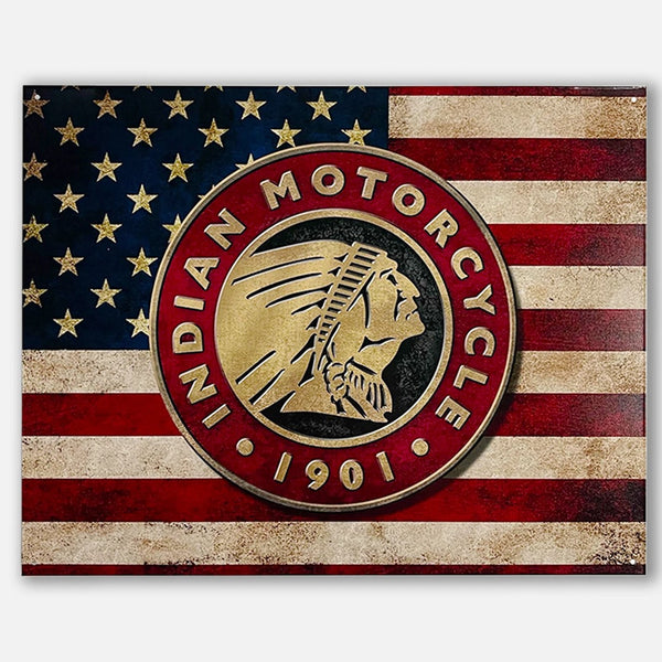 Indian Motorcycle 'American Flag' - Tin Metal Sign For the Gear Head Sign Box Co.