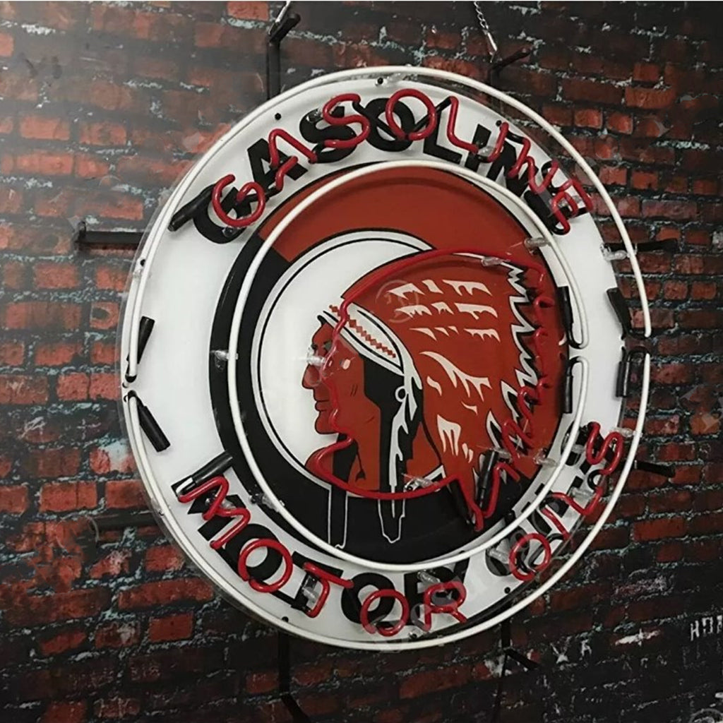 Gasoline neon sign, round chrome ring with black and red head silhouette lettering