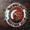 Gasoline neon sign, round chrome ring with black and red head silhouette lettering
