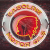 Gasoline neon sign, circular frame with red head silhouette and yellow lettering