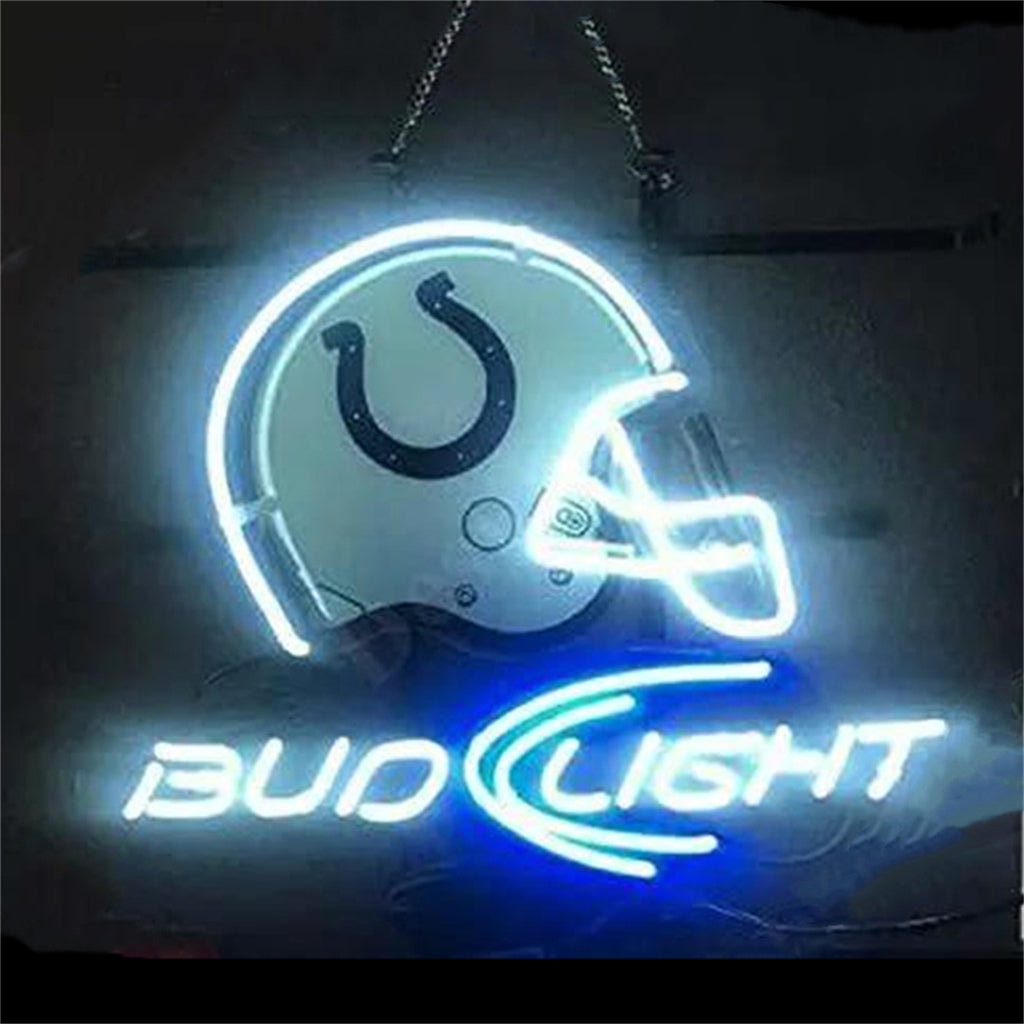 Neon helmet sign with Bud Light wordmark, glowing blue and white