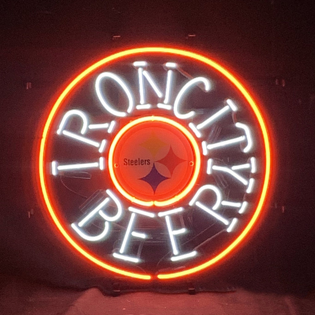 Circular neon beer sign with Steelers logo and ONC letters, red and white glow
