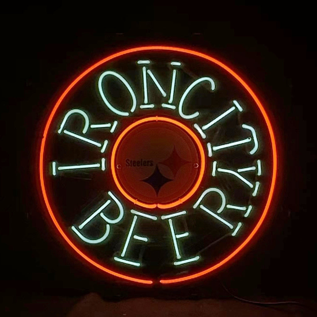 Circular neon beer sign with Steelers logo and ONC letters, orange and green glow