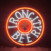 Circular neon beer sign with Steelers logo and ONC letters, red and white glow