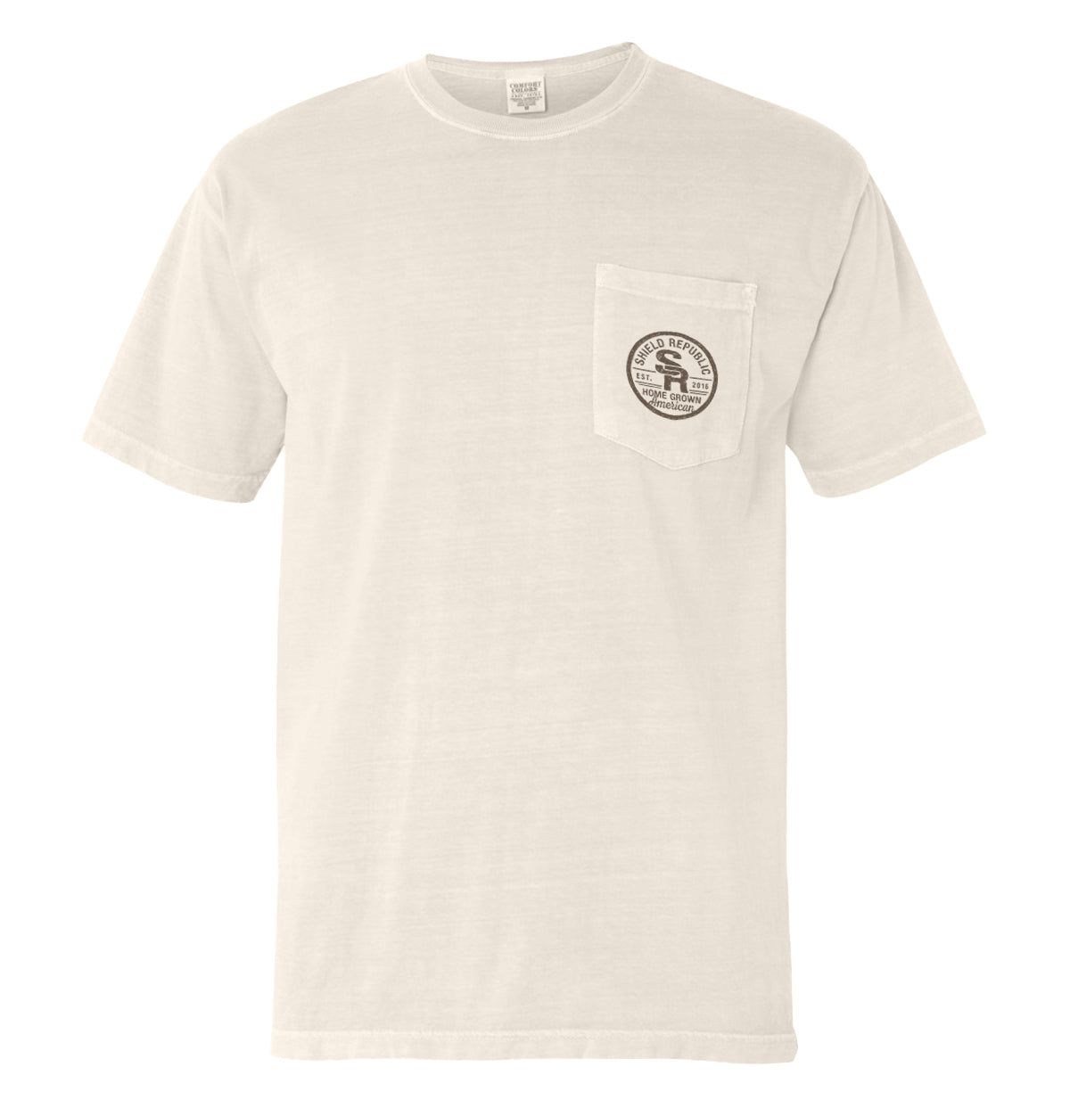 Ivory pocket T-shirt with small round logo patch on left chest