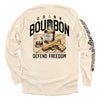 Ivory long-sleeve shirt with back Drink Bourbon graphic, whiskey bottle and DEFEND FREEDOM