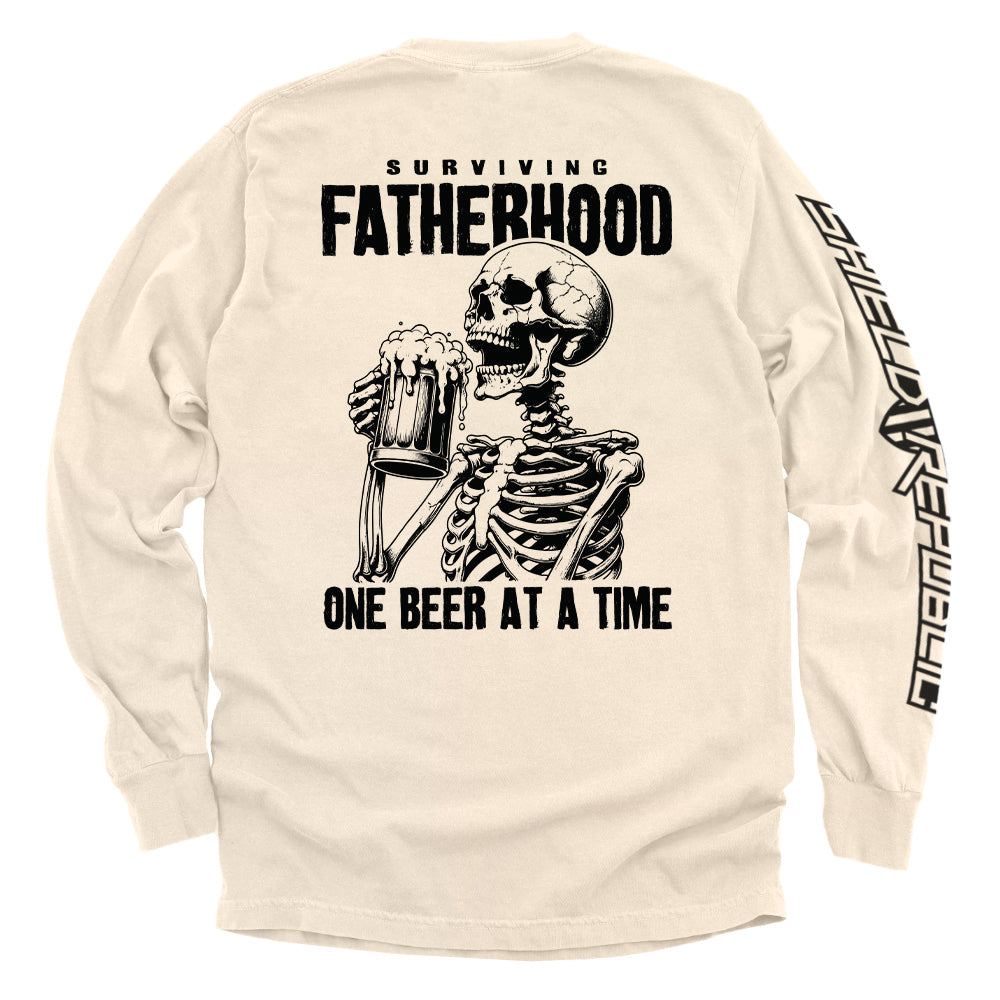 Ivory long-sleeve T-shirt with skeleton holding beer and 'Surviving Fatherhood' back print