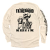 Ivory long-sleeve T-shirt with skeleton holding beer and 'Surviving Fatherhood' back print