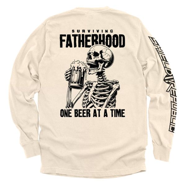 Ivory long-sleeve T-shirt with skeleton holding beer and 'Surviving Fatherhood' back print