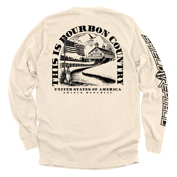 Sand short-sleeve long shirt with large back Bourbon Country graphic and vertical sleeve text