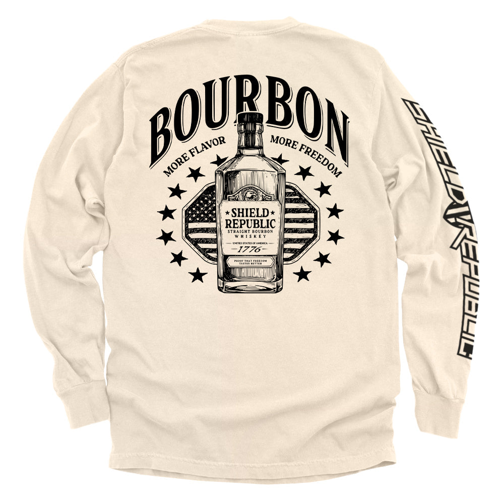 Cream long-sleeve T-shirt with back bottle and stars graphic, crew neck