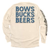 Ivory long sleeve tee, back 'BOWS BUCKS BEERS' graphic plus vertical sleeve print