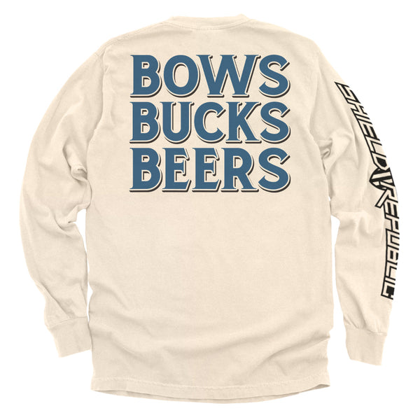 Ivory long sleeve tee, back 'BOWS BUCKS BEERS' graphic plus vertical sleeve print