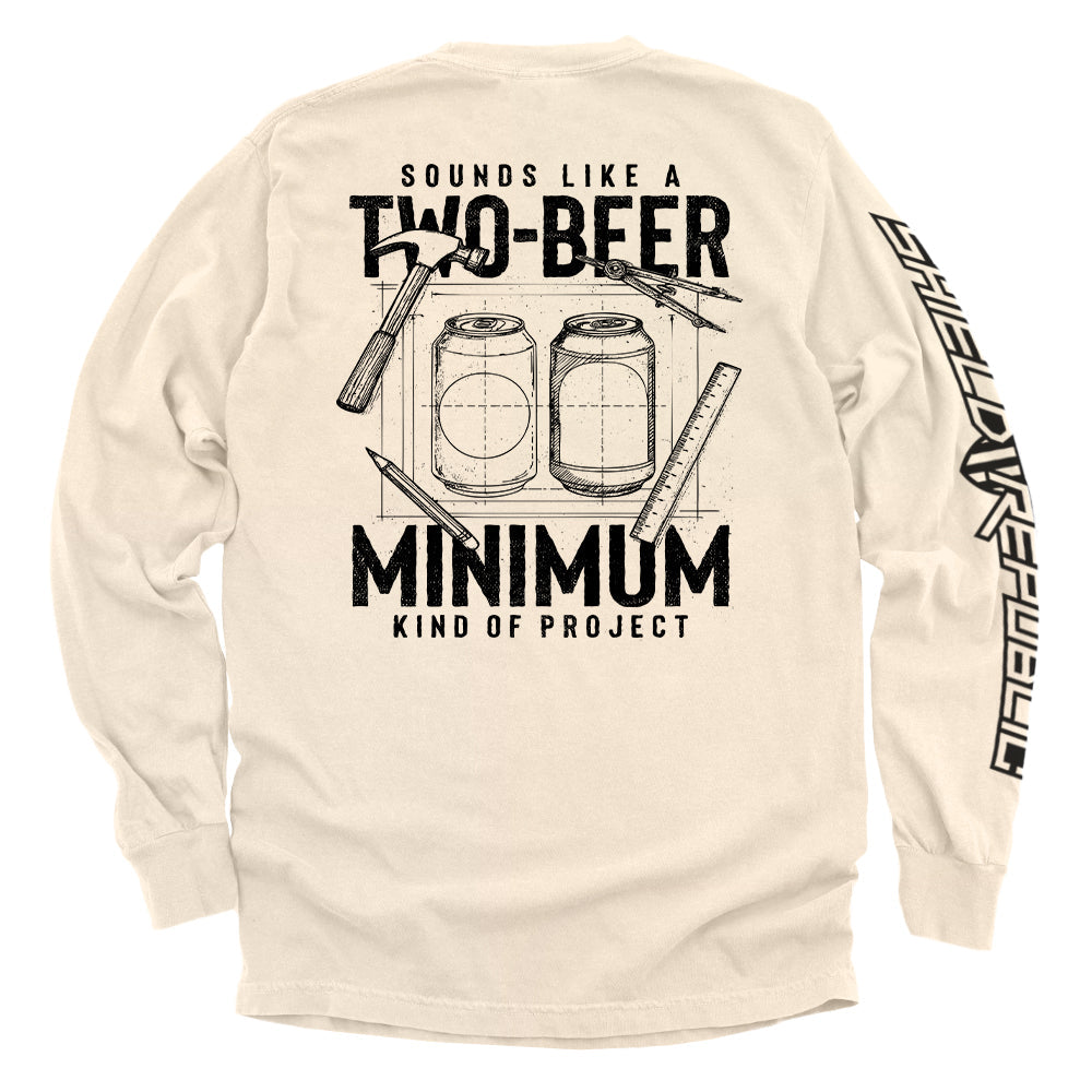 Two-beer minimum graphic long-sleeve shirt, light back print with beer cans