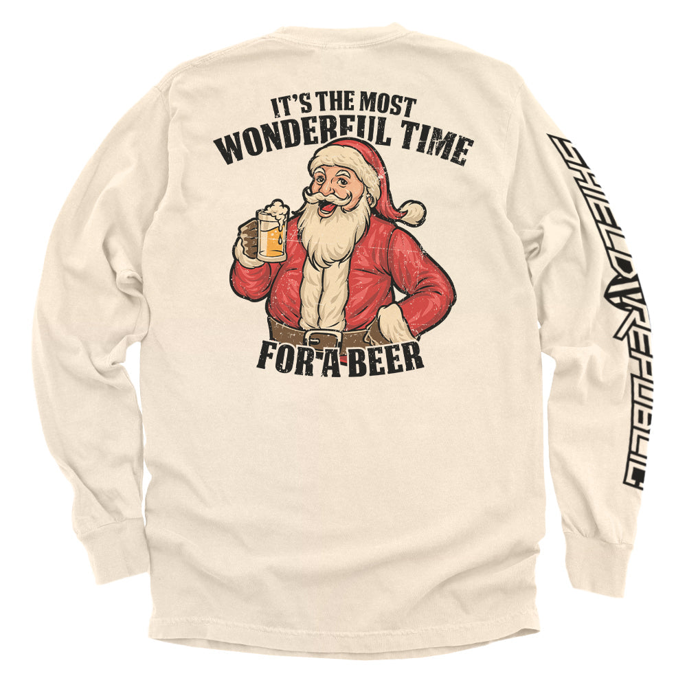 Tan long-sleeve shirt with Santa beer graphic on back and vertical black sleeve text